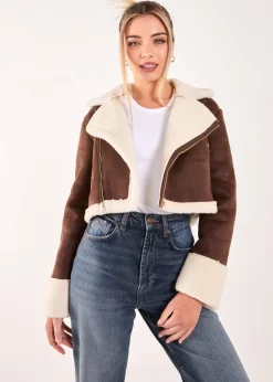 Pink Vanilla Brown Faux Shearling Collar Cropped Jacket