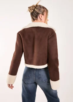 Pink Vanilla Brown Faux Shearling Collar Cropped Jacket