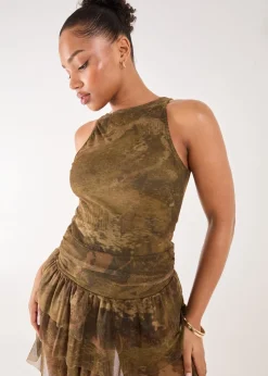 Pink Vanilla Khaki Distressed Print Ruffle Playsuit