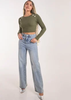 Pink Vanilla Khaki Heart Embellishment Rib Knit Top