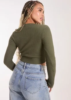 Pink Vanilla Khaki Heart Embellishment Rib Knit Top