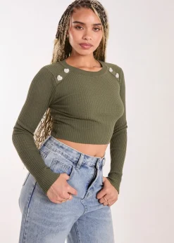 Pink Vanilla Khaki Heart Embellishment Rib Knit Top