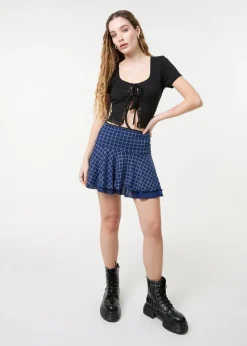 Pink Vanilla Navy Check Ruffle Mini Skirt