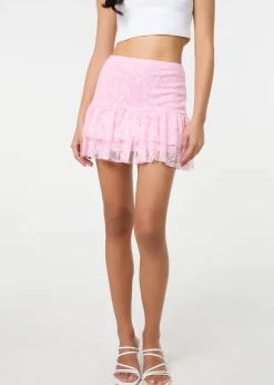 Pink Vanilla Pink Lace Ruffle Mini Skirt