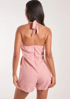 Pink Vanilla Pink Linen Style Halter Playsuit