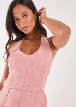 Pink Vanilla Pink Linen Style Halter Playsuit