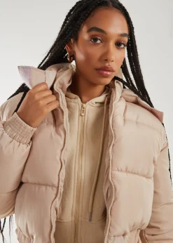 Pink Vanilla Stone Cropped Padded Hooded Coat