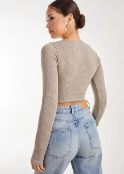 Pink Vanilla Stone Washed Rib Long Sleeve Top