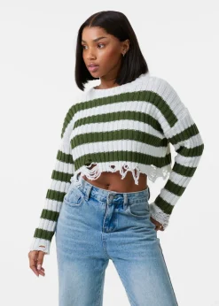 Pink Vanilla White Distressed Striped Crop Knit Jumper