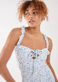 Pink Vanilla White Ditsy Tie Skater Mini Dress