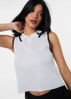 Pink Vanilla White Half Zip Crop Polo Top With Contrast Piping