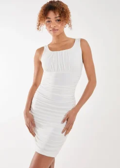 Pink Vanilla White Ruched Slinky Mini Dress