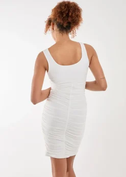 Pink Vanilla White Ruched Slinky Mini Dress