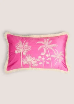Pink Velvet Embroidered Palm Tree Fringe Cushion