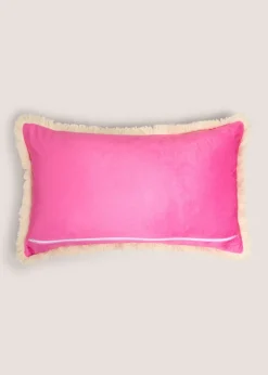 Pink Velvet Embroidered Palm Tree Fringe Cushion
