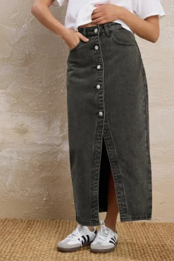 Pixiegirl Petite Black Denim Button Midi Skirt