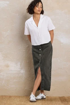 Pixiegirl Petite Black Denim Button Midi Skirt