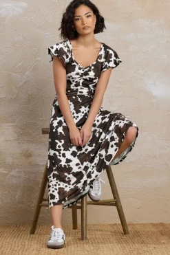 Pixiegirl Petite Brown Cow Print Flutter Sleeve Dress