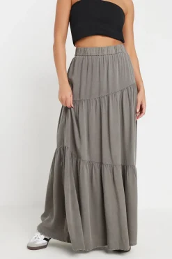Pixiegirl Petite Charcoal Grey Asymmetric Tiered Maxi Skirt