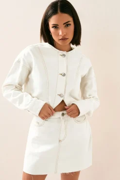 Pixiegirl Petite Cream Denim Contrast Stitch Mini Skirt