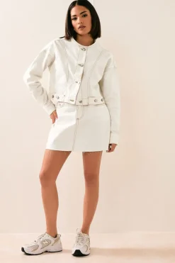 Pixiegirl Petite Cream Denim Contrast Stitch Mini Skirt