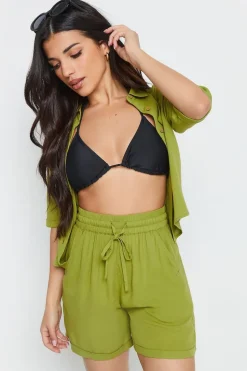 Pixiegirl Petite Green Textured Tie Waist Shorts