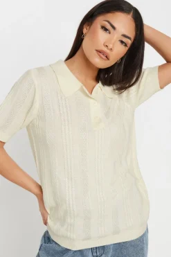 Pixiegirl Petite Ivory White Pointelle Knit Polo Top