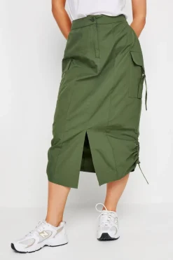 Pixiegirl Petite Khaki Green Cargo Ruched Midi Skirt