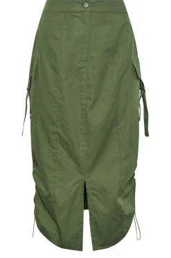 Pixiegirl Petite Khaki Green Cargo Ruched Midi Skirt