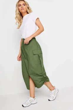Pixiegirl Petite Khaki Green Cargo Ruched Midi Skirt