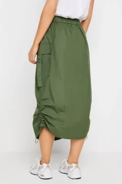 Pixiegirl Petite Khaki Green Cargo Ruched Midi Skirt