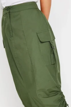 Pixiegirl Petite Khaki Green Cargo Ruched Midi Skirt