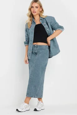Pixiegirl Petite Light Blue Denim Seam Midi Skirt