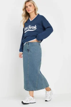 Pixiegirl Petite Light Blue Denim Seam Midi Skirt