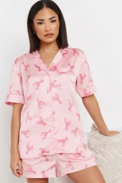 Pixiegirl Petite Pink Satin Lobster Graphic Short Pyjama Set