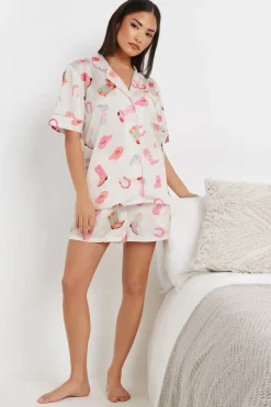 Pixiegirl Petite White Satin Cowboy Graphic Short Pyjama Set