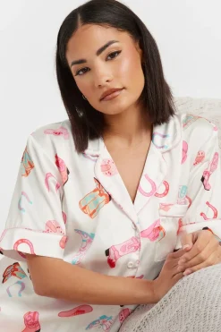 Pixiegirl Petite White Satin Cowboy Graphic Short Pyjama Set
