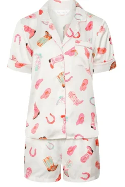 Pixiegirl Petite White Satin Cowboy Graphic Short Pyjama Set