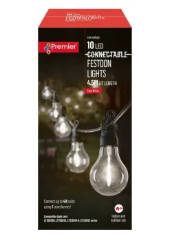 Premier Decorations 10 Cool White LED Connectable Round Bulb Festoon String Lights