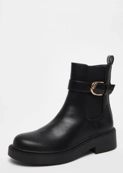 Quiz Black Faux Leather Chunky Buckle Boots