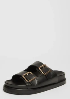 Quiz Black Faux Leather Flat Sandals