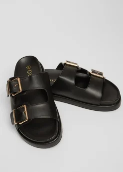 Quiz Black Faux Leather Flat Sandals