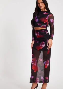 Quiz Black Floral Mesh Crop Top