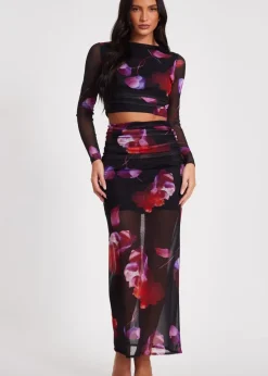 Quiz Black Floral Mesh Maxi Skirt