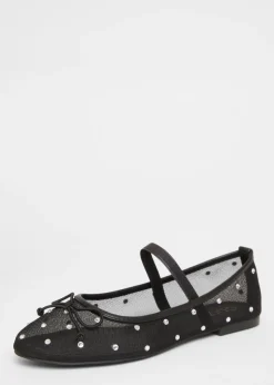 Quiz Black Mesh Diamante Bow Pumps