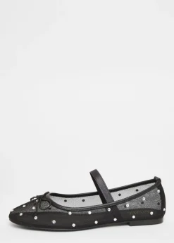 Quiz Black Mesh Diamante Bow Pumps