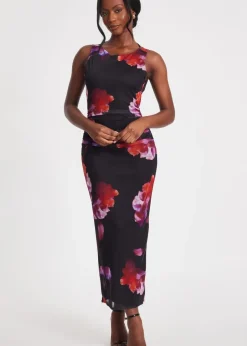 Quiz Black Mesh Floral Midaxi Dress