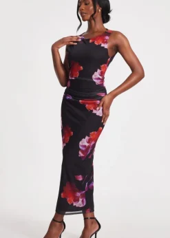 Quiz Black Mesh Floral Midaxi Dress