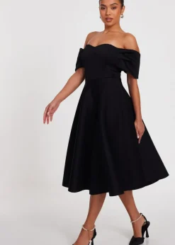 Quiz Black Petite Bardot Midi Skater Dress