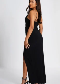 Quiz Black Petite Diamante Ruched Maxi Dress